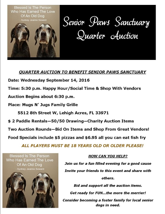 Senior Paws Sanctuary Quarter Auction FUNdraiser @ Mugs N' Jugs Family Grille | Lehigh Acres | Florida | United States